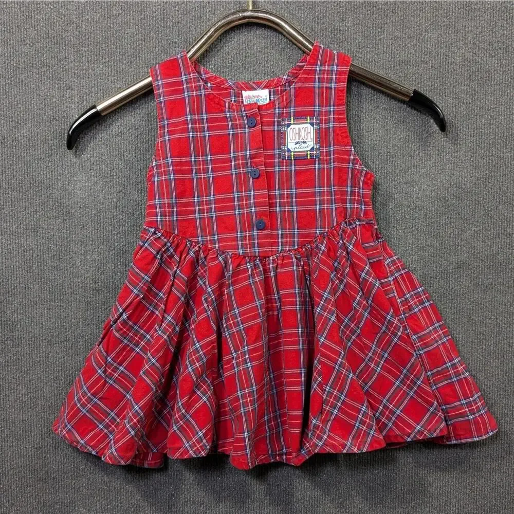 Vintage Oshkosh b'Gosh Jumper Dress Girls 4T Overall Plaid Tartan Button USA